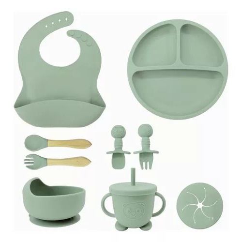 "Kit Alimentación Bebe Vajilla Silicona Plato Babero 8 Piezas"