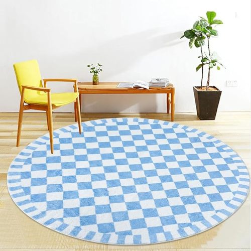 Checkered Rug Carpet 5.2Ft Round Buffalo Plaid Kids Bedroom Rug Circle Modern Living Room Rug Soft Nonslip Floor Mat Geometric Checkerboard Beside Rug for Home Dorm Decor, Blue