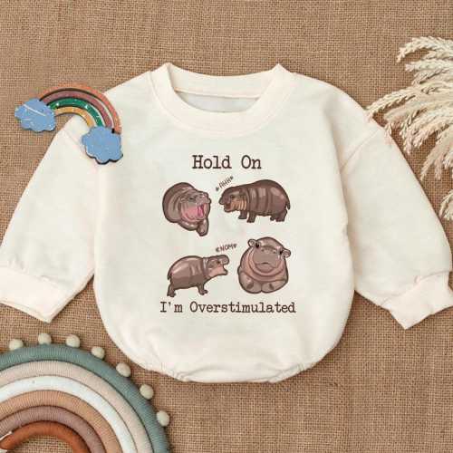 Moo Deng Hippo Romper Sweatshirt, I'm Overstimulated Baby Clothes, Cute Animal Toddler Outfit, Adorable Baby Gift, Trendy Baby Romper