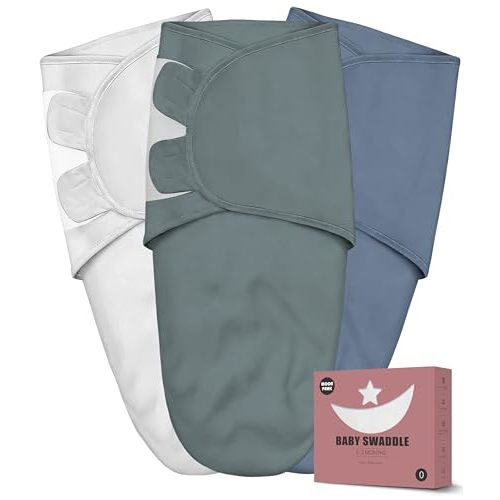 Newborn Swaddle Blanket Wrap 0-3 Months (3-Pack) - Adjustable Infant Sleep Sack, 100% Cotton Anti-Startle Soothing Sack, Soft Breathable Nursery Bedding - Midnight Navy + Slate Blue + Aegean Mist
