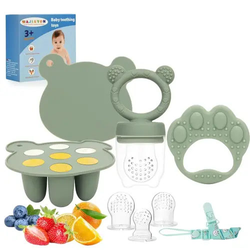 Baby Breastmilk Popsicle Molds & Baby Fruit Feeder (3 Pack), WAJIAYON Infant Food Freezer Tray Storage Containers, Silicone Teething Pacifier Feeder and Teether for Babies(Green)