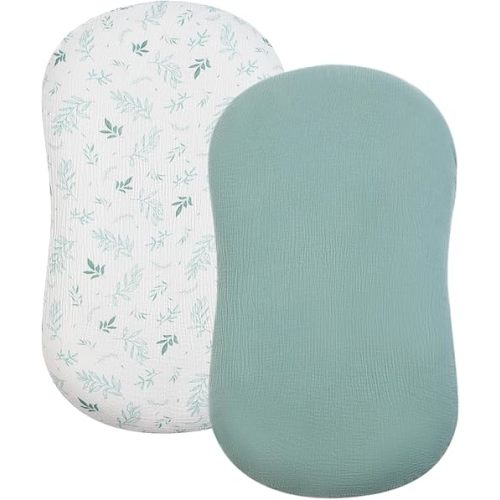 Baby Lounger Cover, Muslin Baby Nest Cover 2 Pack, 100% Cotton Newborn Lounger Cover, Infant Lounger Cover, Breathable Adjustable Slipcover for Boys Girls, Covers Only (Green+Leaves)