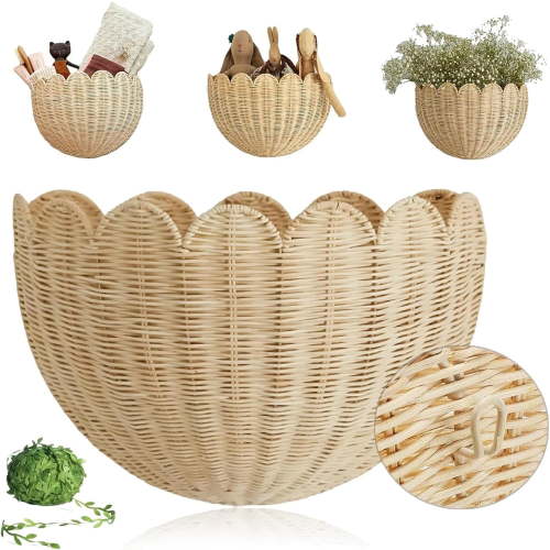 Scalloped Wall Basket, Scalloped Hanging Wicker Baskets for Wall, Hand Scalloped Modern Simplicity Wicker Wall Basket Home Decor for Entryway, Kitchen, Office, Living Room