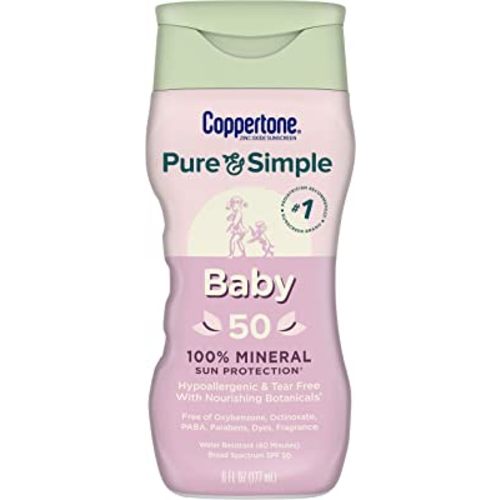 Coppertone Pure and Simple Baby Sunscreen SPF 50 Lotion, Zinc Oxide Mineral Sunscreen for Babies, Tear Free, Water Resistant, Broad Spectrum SPF 50 Sunscreen, 6 Fl Oz Bottle