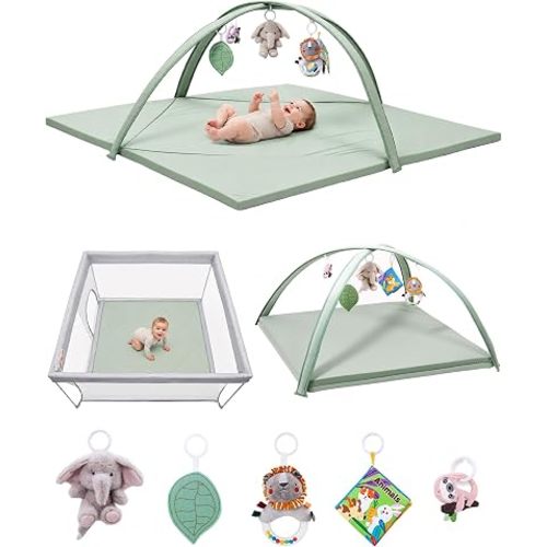 Babelio All in One Baby Play Mat & Tummy Time Mat with 5 Toys, Non-Slip