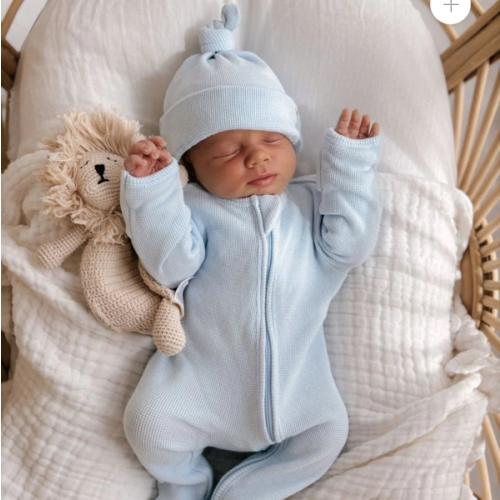 3 Little Crowns My First Outfit Footed Jumpsuit + Beanie - Baby Blue