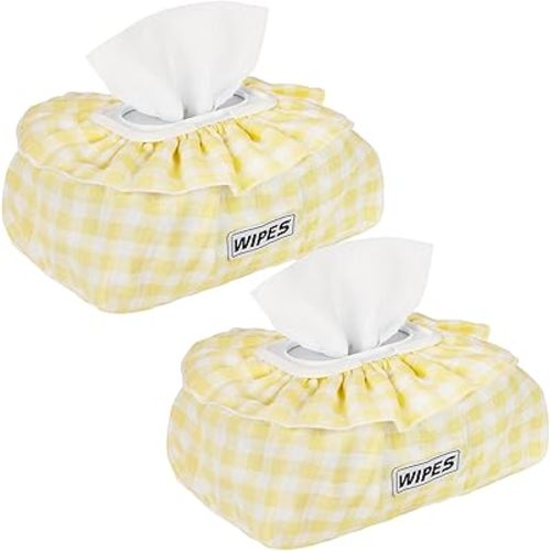 2 Pack Baby Wipes Cover – Muslin Cotton Wipes Dispenser, Universal Size Fits All Wipes & Tissues, Diaper Pouch for Nursery, Living Room & Diaper Station (Yellow+Yellow)