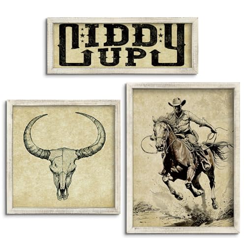 Putuo Decor Rustic 3 Piece Western Wall Art, Boho Bedroom Decor, Farmhouse Wall Decor (Giddy Up)