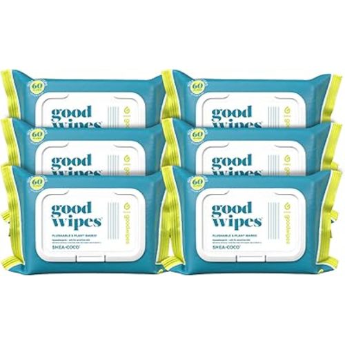 Goodwipes Flushable Butt Wipes Made with Vitamin E & Aloe - Soft & Gentle Wet Wipe Dispenser for Home Use, Septic & Sewer Safe - Largest Adult Toilet Towelettes - Shea Coco, 360 Count (6 Packs)
