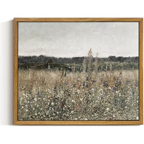 InSimSea Framed Canvas Wall Art, Wildflower Field Canvas Wall Art Paintings, Rustic Landscape Wall Decor for Bathroom Office Dining Room, 9"x11"