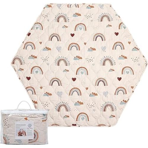 Hexagon Playpen Mat 52x48 Fits Regalo Play Yard 48 Inch 6-Panel and Hiccapop 53" Playpen, Non-Slip Baby Play Mat, Crawling Mat for Floor, Washable Pack 'N Play Mattress Pad Boho Rainbow (53 inch)