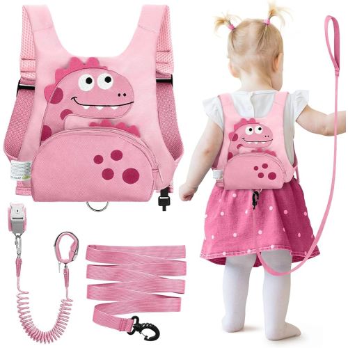 Dr.meter 3 in 1 Toddler Harness Leash + 8.2ft Anti Lost Wrist Link, Cute Dinosaur Kids Harness Leash with Key Lock, Child Walking Harness for Parent Boys Girls Keep Kids Close, Travel Essensials