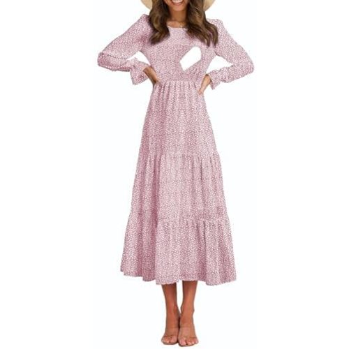 Women's Nursing Dress Flounces Long Sleeve Crew Neck Smocked Bodice Ruched Elastic Waist Tiered Midi with Pockets