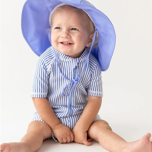 Periwinkle Seersucker Short Sleeve One Piece Rash Guard & Periwinkle Sun Hat Set