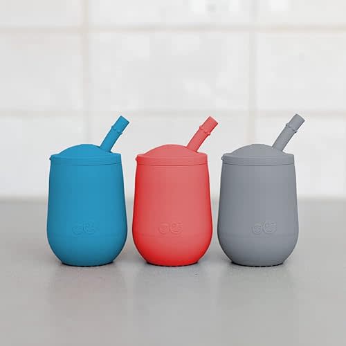 ezpz Mini Cup + Straw Training System 3-Pack (Blue, Coral & Gray) - 100% Silicone Training Cup for Infants + Toddlers - Designed by a Pediatric Feeding Specialist - 12 Months+