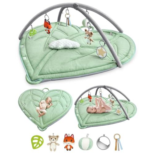 Baby Tummy Time Play Gym Mat - Large Newborn Montessori Activity Center Playmat for Floor with 6 Hanging Sensory Toys & Waterproof Nappy - 45" Portable Infant Mat for Babies 0-6-12 Months with Handle