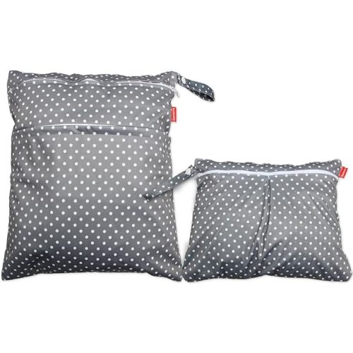 Damero 2pcs Wet and Dry Bag, Travel Wet Dry Bag with Handle for Cloth Diaper, Pumping Parts, Clothes, Swimsuit and More, Gray Dots