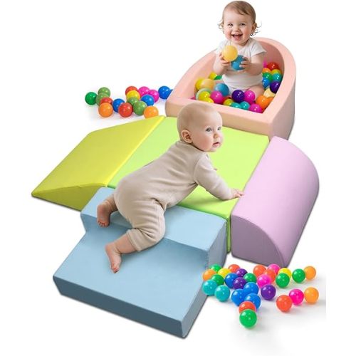 Baby Climbing Blocks, Soft Play Set for Crawling Baby 6-12 Months, Anti-Slip Particles Bottom & Velcro Connectors, High-Density Foam Gym with Soft Fabric Cover (Balls not Included) (Color)