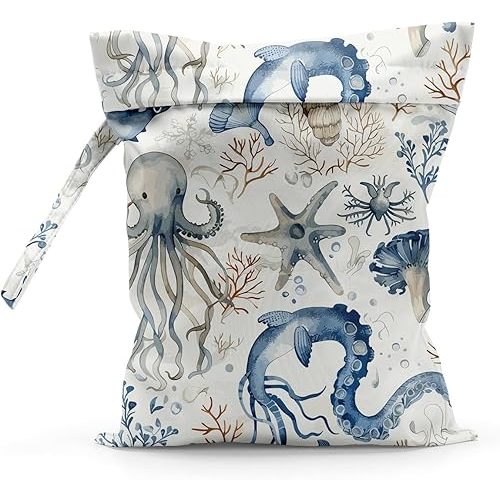 Waterproof Cloth Diaper Wet Dry Bag, Reusable Travel Beach Pool Daycare Soiled Toddler Items Yoga Gym Bag for Swimsuits or Wet Clothes Diaper Starfish Octopus Wet Bag