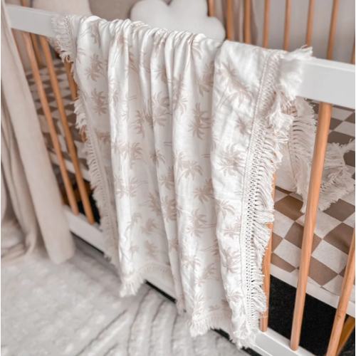 Fringe Swaddle Blanket - Palm | 3 Little Crowns