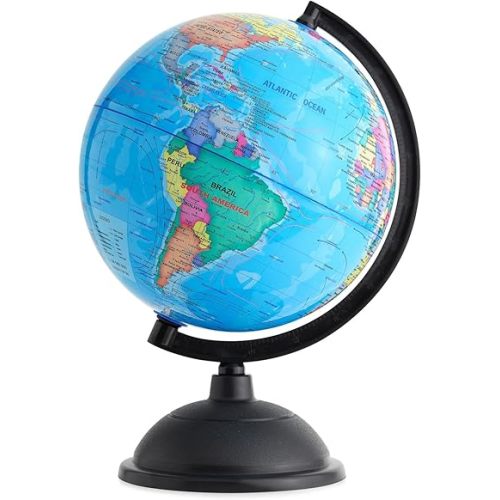 Juvale Rotating World Globe for Kids Learning - 8-Inch Spinning Earth Globe with Plastic Stand - Multicolor Map for Classroom Geography Education