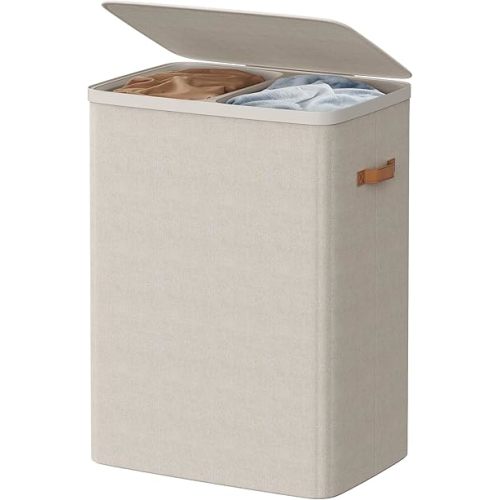 SONGMICS HOME Laundry Hamper with Lid, 2 Section Laundry Basket with Removable Liners and Handles, Foldable Clothes Sorter for Bedroom, Bathroom, Beige