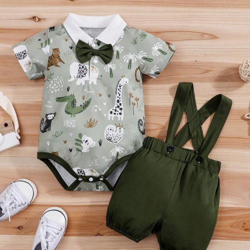 Summer Cartoon Elephant Koala Animal Printed Polo Shirt Short-Sleeve Triangle Romper + Suspender Pants Two-Piece Set, for Outdoor