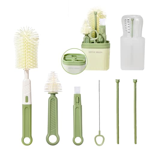Baby Bottle Brush Set-Travel Essential-6 in 1 Portable Travel Bottle Cleaner Kit with Silicone Brush, Drying Rack, Nipple Brush, Straw Brush, Bottle Mouth Brush, Storage Box for Home and Travel, Green