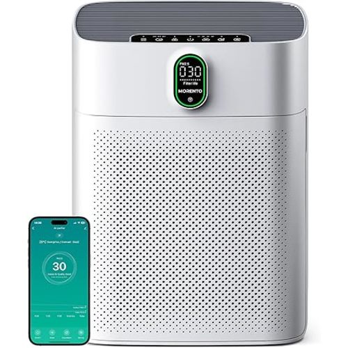 MORENTO Air Purifier for home Large Rooms up to 1076 ft2, Wi-Fi and Alexa compatible, PM2.5 Air Quality Display, Auto Mode, HEPA Filter Removes Dust, Pollen, Smoke 1 Pack +2 Pack Filters(White)