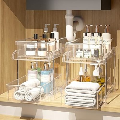 2 Pack Bathroom Cabinet Organizer, 2 Tier Clear Under Sink Organizers and Storage Medicine Cabinet Organizer with Dividers, Pull Out Kitchen Pantry Shelf Cupboard Closet Vanity Organization Bins