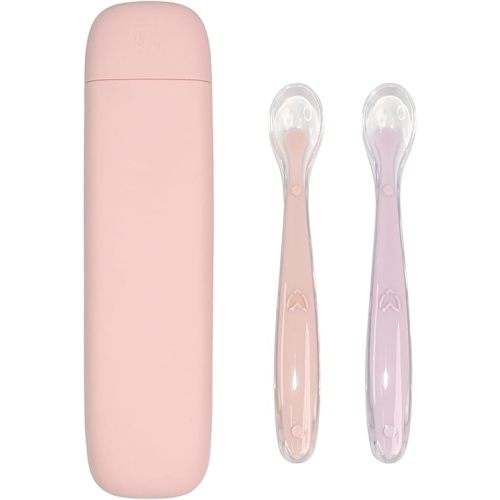Silicone Baby Feeding Spoons with Storage Box, First Stage Infant Soft-Tip Easy on Gums I Training Spoon Self | Utensils Supplies (Pink)