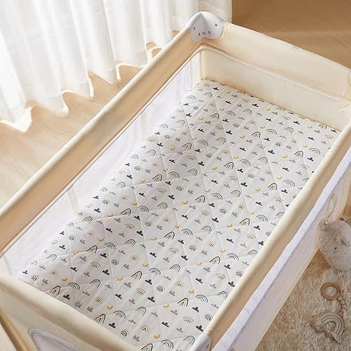 TILLYOU Pack and Play Sheet - Soft Quilted Crib Cover Pad, Toddlers Mattress Protector with 1''-3'' Deep Pocket, Thick Play Yard Playpen Sheets, Crib Mattress Pad 39"x27", Raindrop