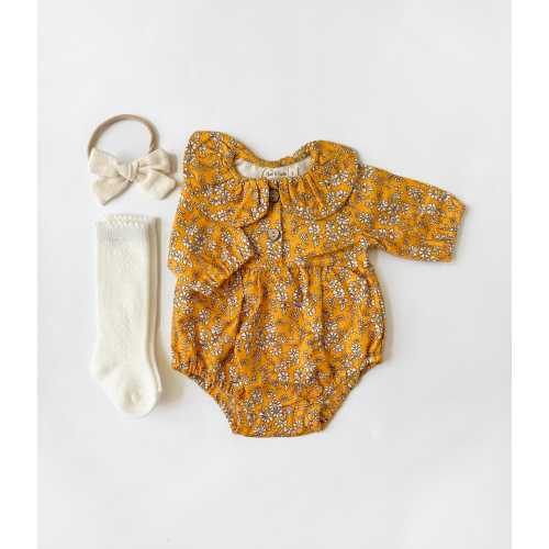 Baby Girl Cotton Mustard Floral Romper | OPTIONS| socks + Bow