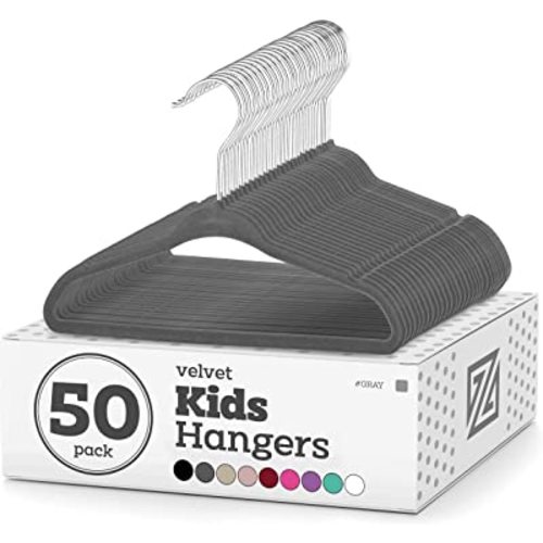 Zober Velvet Kids Hangers for Closet - Pack of 50 Non Slip Childrens Hangers for Shirts, Pants & Dresses w/Swivel Hook - Durable Kids Clothes Hanger w/Notches - Small Hangers - Gray
