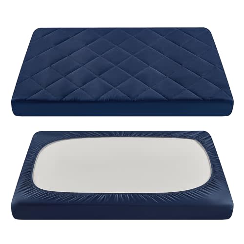 TILLYOU Pack and Play Sheets for Toddler Mattress, Mini Crib Sheets Fitted Up to 3" Deep, Breathable and Soft fit 39"x27", Navy