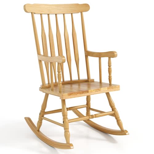 Tangkula Patio Rocking Chair Solid Wood, Outdoor Porch Rocker Chair with Rubber Wood Frame, Indoor Wooden Rocking Chair, Ideal for Garden, Backyard & Balcony (1, Natural)