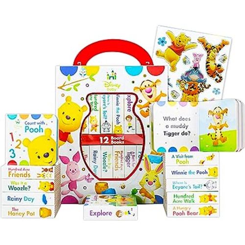 Disney Baby Winnie The Pooh Board Books Set Toddlers Babies Bundle ~ Pack of 12 Chunky My First Library Board Book Block with Stickers (Winnie The Pooh Books for Infants)
