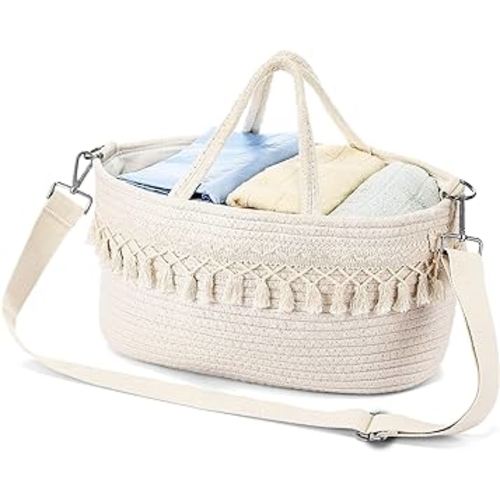 Baby Diaper Caddy Organizer Basket with Shoulder Strap Buckle Cotton Rope Diaper Basket Caddy, Changing Table Diaper Storage Caddy for Baby Shower Gifts