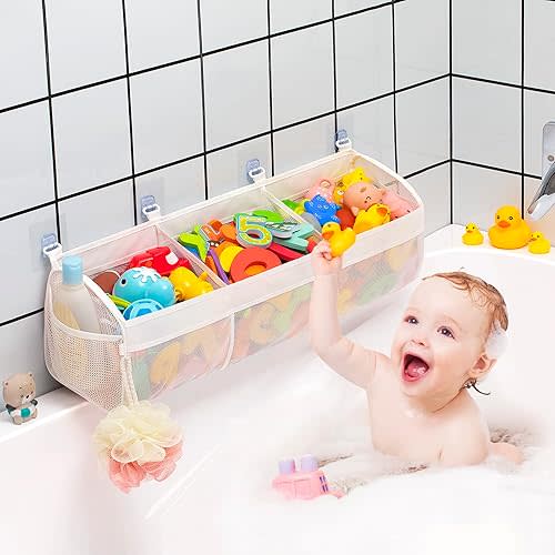 Original 3 Compartment Horizontal Large Openings Bath Toy Organizer for Tub, Capacity Upgrade Bath Toy Storage and Holder, Bathtub Toy Holder for Easy Access and Sorting of Toys.