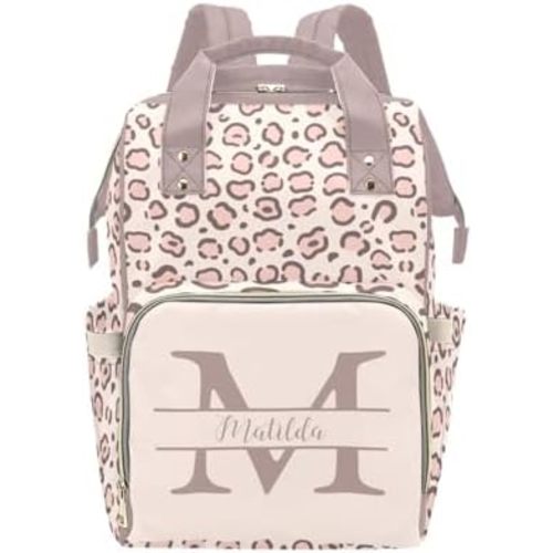 Personalized Diaper Bag Backpack for Women, Custom Name Nursing Mommy Daypack, Leopard Print Diaper Bag for Girls Boys, New Mom Gifts