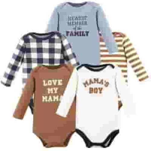 Hudson Baby Infant Boy Cotton Long-Sleeve Bodysuits, Brown Navy Mamas Boy 5-Pack, 9-12 Months