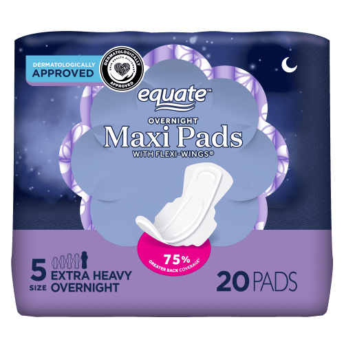 Equate Overnight Maxi Pads with Wings, Size 5, Extra Heavy Overnight Protection (20 Count) HSA/FSA Eligible