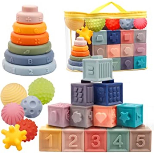 Montessori Toys for Babies 6-12 Months Soft Baby Toys Set 3 in 1 Stacking Building Blocks Infant Teething Toys Sensory Balls Educational Learning Toys for Toddlers 3-6-9-12 Months Boys Girls
