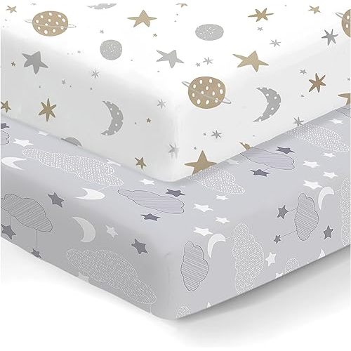 100% Organic Cotton Fitted Mattress Sheets for Graco Pack n Play, Babyletto, Pamo Babe, Dream on Me, Evenflo, Baby Trend, Hygge Hush Portable/Mini Crib/Playards, and Beka Bedside Bassinet 2 Pk