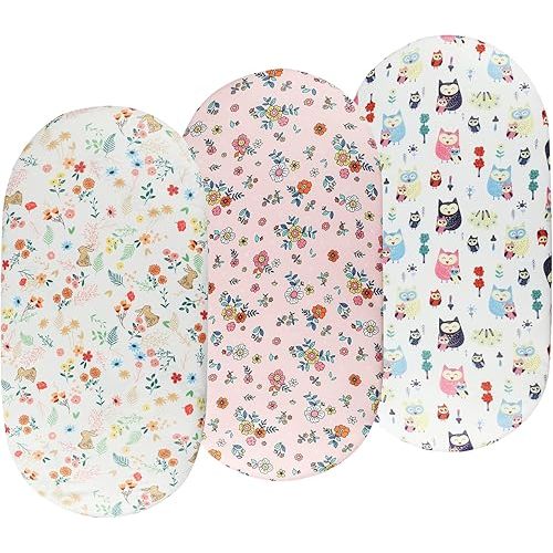 Bassinet Sheets Set 3 Pack for Baby Girl, Stretchy Soft Jersey Knitted Fitted Sheet Universal for Oval Rectangle and Hourglass Bassinet Mattress, Flower, Rabbit and Owl Printing