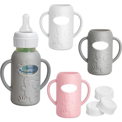 3 Pack Silicone Sleeves for Dr Brown Natural Glass Baby Bottles, Food Grade Anti Breakage Baby Bottle Holder with Handles and 3pcs Travel Bottle Caps (White+Pink+Grey, 4oz)