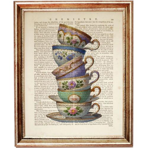 Christmas Gifts, Tea Cups Dictionary Art Print, Vintage Kitchen Wall Decor, Tea Lover Gift, Rustic Teacup Artwork, Shabby Chic Home Decor