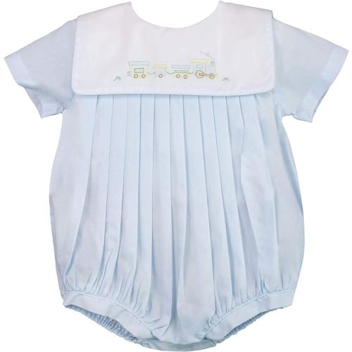 Baby Boys' Square Collar Romper with Train Embroidery - 3 Months - Blue