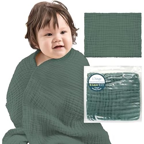 L'Ange Baby Towel - 100% Cotton Muslin, 6 Layers, Quick Dry, Medical Grade Packaging for Infants and Newborns - 28 x 37in - Pine Green