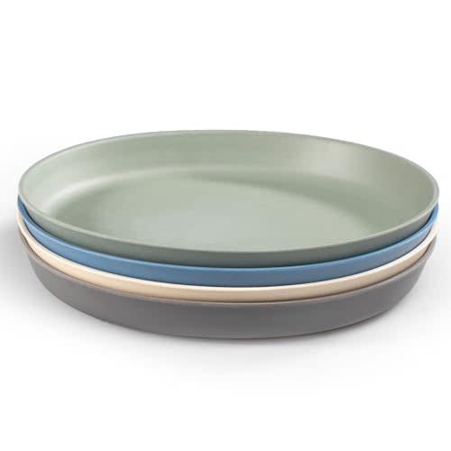 WeeSprout Bamboo Plates, Set of 4, Kid-Sized Dinnerware, Dishwasher Safe Melamine Dishware (Blue, Green, Gray, & Beige, Without Lids)